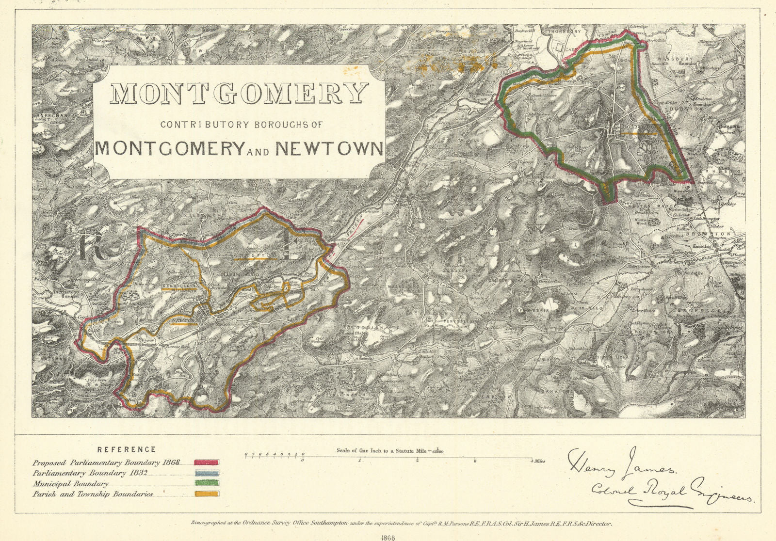 Contrib'y Boroughs of Montgomery & Newtown. JAMES. Boundary Commission 1868 map